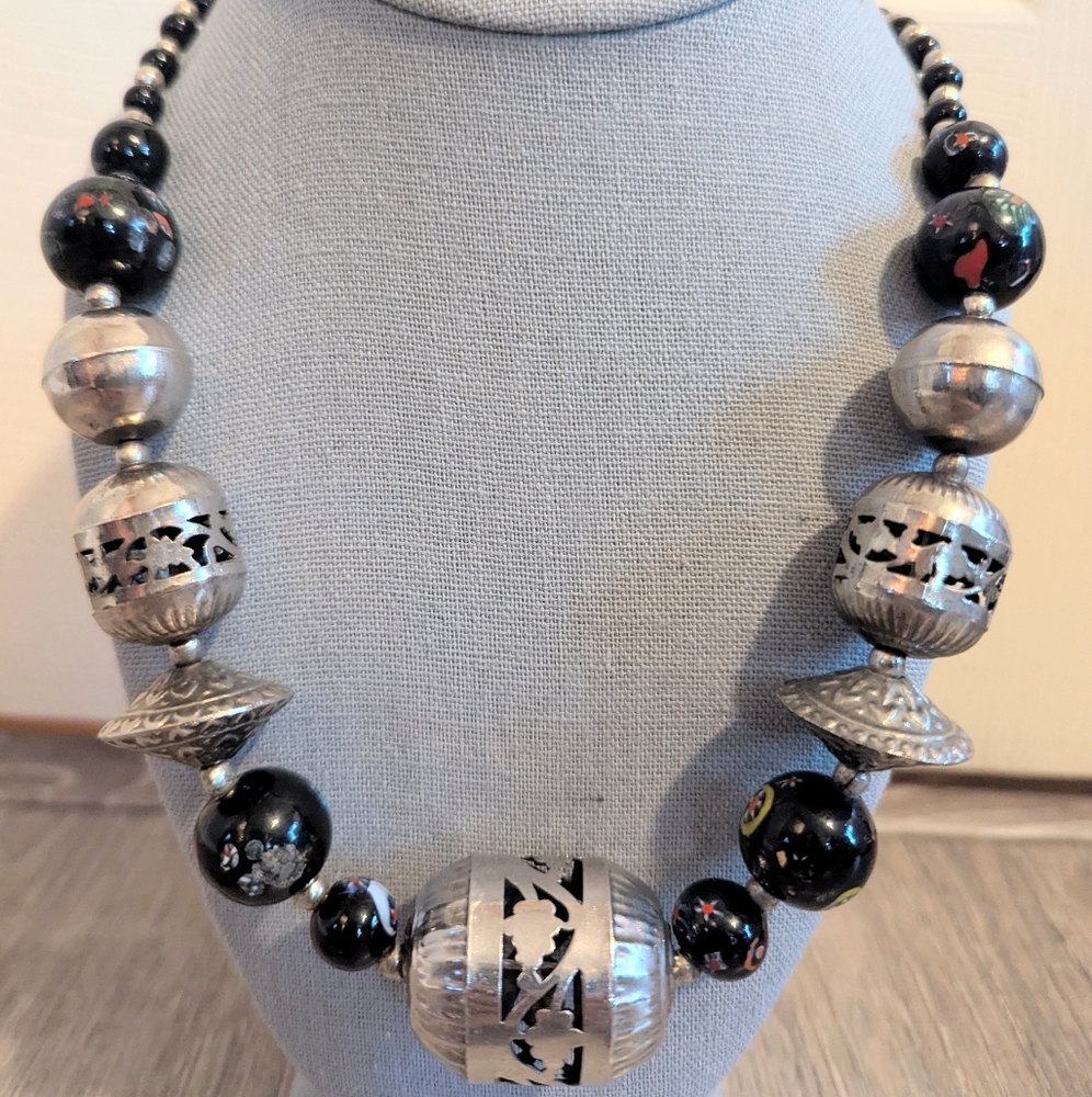 Vintage India Pierced Openwork Millefiori Glass Ethnic Necklace